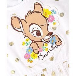 Babyhug Disney Single Jersey Knit Frill Sleeves Party Dress with Bambi Graphics & Foil Print - White