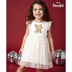 Babyhug Disney Single Jersey Knit Frill Sleeves Party Dress with Bambi Graphics & Foil Print - White