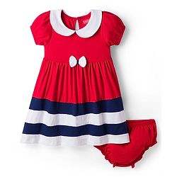 Babyhug Single Jersey Knit Half Puffed Sleeves Frock with Cut & Sew Design Bow Applique & Bloomer - Red