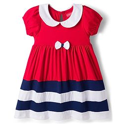 Babyhug Single Jersey Knit Half Puffed Sleeves Frock with Cut & Sew Design Bow Applique & Bloomer - Red