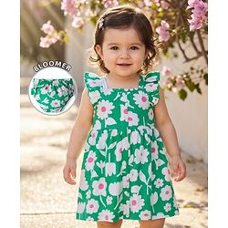 Babyhug Single Jersey Knit Frill  Sleeves Frock with Floral Print & Bloomer - Mint Green