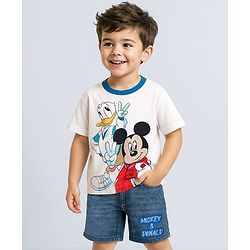 Babyhug Disney Single Jersey Knit Half Drop Shoulder Sleeves T-Shirt & Denim Shorts Set With Mickey & Friends Graphics - White & Blue