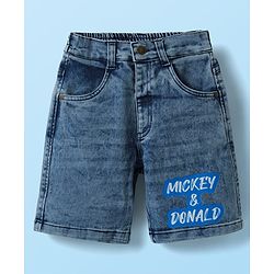 Babyhug Disney Single Jersey Knit Half Drop Shoulder Sleeves T-Shirt & Denim Shorts Set With Mickey & Friends Graphics - White & Blue