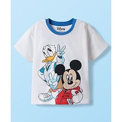 Babyhug Disney Single Jersey Knit Half Drop Shoulder Sleeves T-Shirt & Denim Shorts Set With Mickey & Friends Graphics - White & Blue