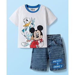 Babyhug Disney Single Jersey Knit Half Drop Shoulder Sleeves T-Shirt & Denim Shorts Set With Mickey & Friends Graphics - White & Blue