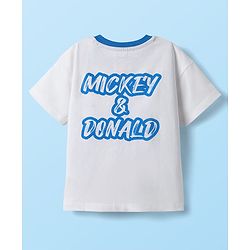 Babyhug Disney Single Jersey Knit Half Drop Shoulder Sleeves T-Shirt & Denim Shorts Set With Mickey & Friends Graphics - White & Blue