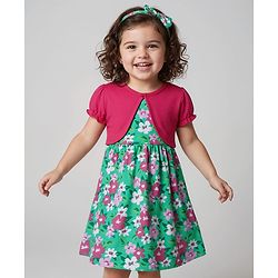 Babyhug Single Jersey Knit Frock & Half Sleeves Shrug With Floral Print & Headband - Green & Pink