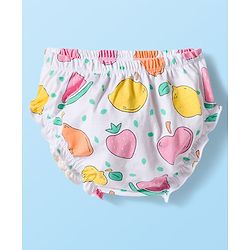 Babyhug Single Jersey Knit Half Cap Sleeves Fruit Printed Fit & Flared Frock with Bow Applique & Bloomer - Pink