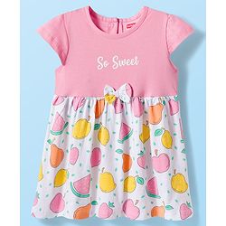 Babyhug Single Jersey Knit Half Cap Sleeves Fruit Printed Fit & Flared Frock with Bow Applique & Bloomer - Pink