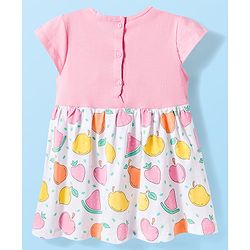 Babyhug Single Jersey Knit Half Cap Sleeves Fruit Printed Fit & Flared Frock with Bow Applique & Bloomer - Pink