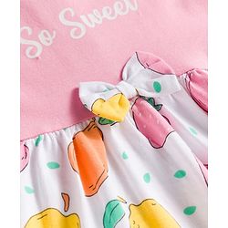 Babyhug Single Jersey Knit Half Cap Sleeves Fruit Printed Fit & Flared Frock with Bow Applique & Bloomer - Pink