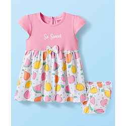 Babyhug Single Jersey Knit Half Cap Sleeves Fruit Printed Fit & Flared Frock with Bow Applique & Bloomer - Pink