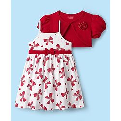 Babyhug 100% Cotton Half Sleeves Floral Applique Shrug With Bow Printed Frock - Red & White