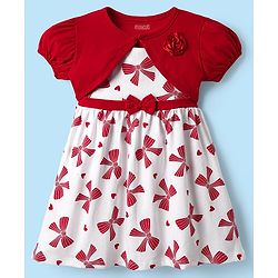 Babyhug 100% Cotton Half Sleeves Floral Applique Shrug With Bow Printed Frock - Red & White