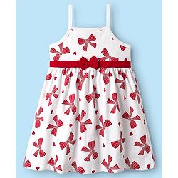 Babyhug 100% Cotton Half Sleeves Floral Applique Shrug With Bow Printed Frock - Red & White