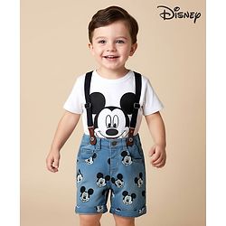 Babyhug Disney Single Jersey Knit Half Sleeves T-Shirt & Short Set With Suspender & Mickey Mouse Graphics - White & Blue