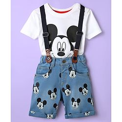 Babyhug Disney Single Jersey Knit Half Sleeves T-Shirt & Short Set With Suspender & Mickey Mouse Graphics - White & Blue