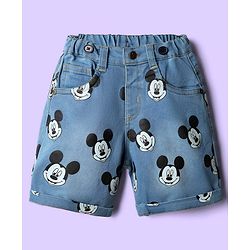 Babyhug Disney Single Jersey Knit Half Sleeves T-Shirt & Short Set With Suspender & Mickey Mouse Graphics - White & Blue