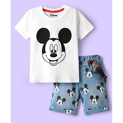 Babyhug Disney Single Jersey Knit Half Sleeves T-Shirt & Short Set With Suspender & Mickey Mouse Graphics - White & Blue
