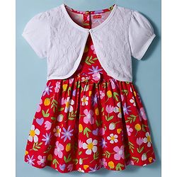 Babyhug Single Jersey Knit Frock With Half Sleeves Shrug & Floral Print - Red