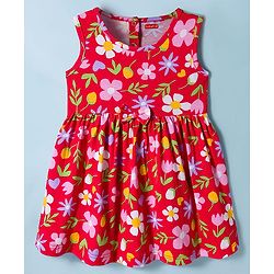 Babyhug Single Jersey Knit Frock With Half Sleeves Shrug & Floral Print - Red