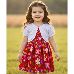 Babyhug Single Jersey Knit Frock With Half Sleeves Shrug & Floral Print - Red