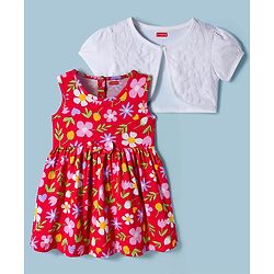 Babyhug Single Jersey Knit Frock With Half Sleeves Shrug & Floral Print - Red