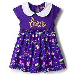 Babyhug Single Jersey Knit Half  Sleeves Frock with Floral Print Headband & Bloomer - Purple