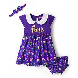 Babyhug Single Jersey Knit Half  Sleeves Frock with Floral Print Headband & Bloomer - Purple