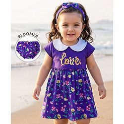 Babyhug Single Jersey Knit Half  Sleeves Frock with Floral Print Headband & Bloomer - Purple