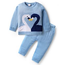 Babyhug Knitted Full Sleeves Sweater Set With Swan Design - Light Blue