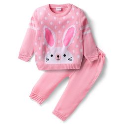 Babyhug Knitted Full Sleeves Sweater Set with Bunny Design - Pink