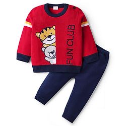 Babyhug Knit Full Sleeves Pullover Sweater Set with Animal Design - Red