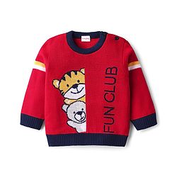 Babyhug Knit Full Sleeves Pullover Sweater Set with Animal Design - Red