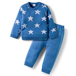 Babyhug Knit Full Sleeves Pullover Sweater Set with Star Design - Blue