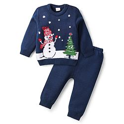 Babyhug Knitted Full Sleeves Sweater Set With Christmas Design - Navy Blue