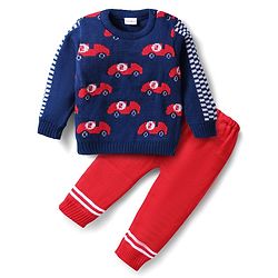 Babyhug Knitted Full Sleeves Sweater Set with Car Design - Navy Blue & Red