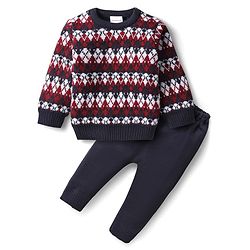 Babyhug Knitted Full Sleeves Sweater Set With Chevron Design - Navy Blue