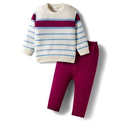 Babyhug Knitted Full Sleeves Striped Sweater Set - Wine & White