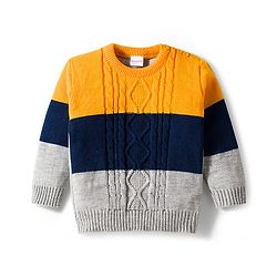 Babyhug Knit Full Sleeves Sweater Set with Color Block & Cable Knit Design - Navy Blue Grey & Yellow