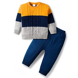 Babyhug Knit Full Sleeves Sweater Set with Color Block & Cable Knit Design - Navy Blue Grey & Yellow