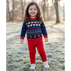 Babyhug Knit Full Sleeves Pullover Sweater Set With Floral Design - Red