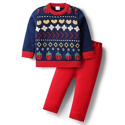 Babyhug Knit Full Sleeves Pullover Sweater Set With Floral Design - Red