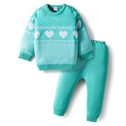 Babyhug Knit Full Sleeves Pullover Sweater Set with Heart Design - Aqua Blue