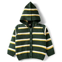 Babyhug Knit Full Sleeves Hooded Sweater Set with Stripes - Dark Green & Yellow