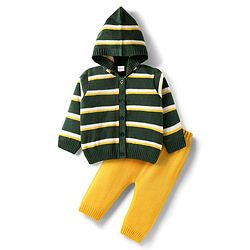 Babyhug Knit Full Sleeves Hooded Sweater Set with Stripes - Dark Green & Yellow