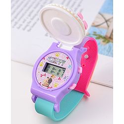 Babyhug FLip Top Digital Watch with Pengu Applique & Doggo Print - Light Blue & Lilac