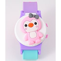 Babyhug FLip Top Digital Watch with Pengu Applique & Doggo Print - Light Blue & Lilac