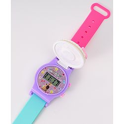 Babyhug FLip Top Digital Watch with Pengu Applique & Doggo Print - Light Blue & Lilac
