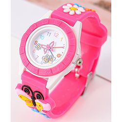 Babyhug Analog Watch with Floral & Butterfly Design - Fuchsia